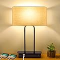 3-Way Dimmable Touch Control Table Lamp with 2 USB Ports and AC Power Outlet Modern Bedside Nightstand Lamp Fabric Shade and Metal Base for Guestroom Bedroom Living Room LED Bulb Included Warm White
