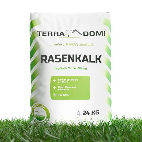 TerraDomi Rasenkalk & Gartenkalk 24kg | Beugt Moos & Pilzen vor | Zur Erhöhung des pH-Wertes saurer Böden | Für einen gesunden Rasen I Intensiviert die Düngung | Für 480m