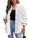 Omoone Women's Ripped Distressed Denim Jacket Casual Long Sleeve Boyfriend Jean Coat Basic Trucker Jackets (3536-White-XL)