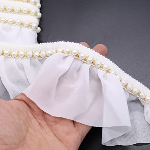 Bit.fly 4 Yard Chiffon Ribbon Pearl Trim Sewing Lace Edge 3 Inch Width Ruffled Pleated Trim For Applique Trimming Dress Home Diy Crafts #TOP1