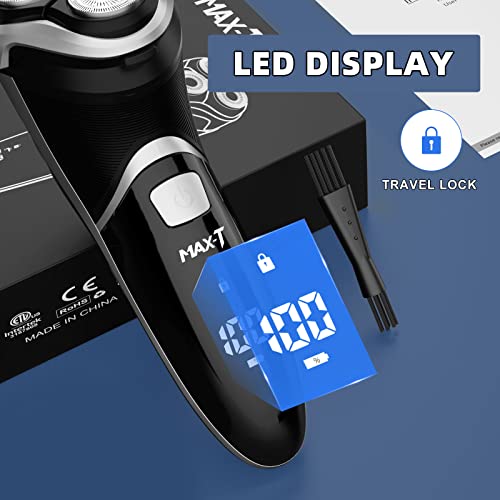 Electric-Shaver-Razor-for-Men-MAX-T-Quick-Rechargeable-Wet-Dry-Rotary-Shaver-with-Pop-Up-Trimmer-and-LED-Display-IPX7-100-Waterproof-8101-with-USB-Cable