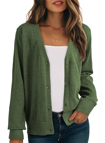Dokotoo Fall Clothes for Women Early Fall Fashion Casual Comfort Wool Blend Cashmere Cardigan Sweaters Coats V Neck Long Sleeve Button Up Oversized Sweaters for Women Knit Hollow Out Clothing Green M
