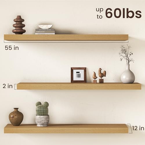 Image of Oak Floating Shelves 55Inch Long, 12 Inch Deep Floating Shelves for Wall, 55 x 12 Large Floating Shelf for Fireplace Mantel, 2 inch Thicked Rustic Wall Shelves for Living Room, Bedroom Storage, 2 Packs