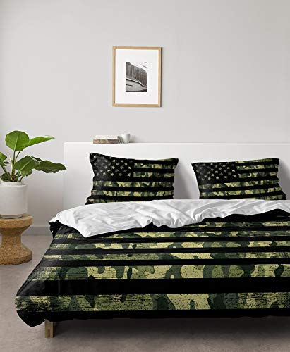 Camouflage 4 Pieces Duvet Cover Sets, Queen American Patriotic Flag Soft Bedding Comforter Covers Set With 2 Pillow Shams Lightweight Bedspread Bed Sheet Usa Stars Stripes For Boys/Kids/Teens/Adults #TOP3
