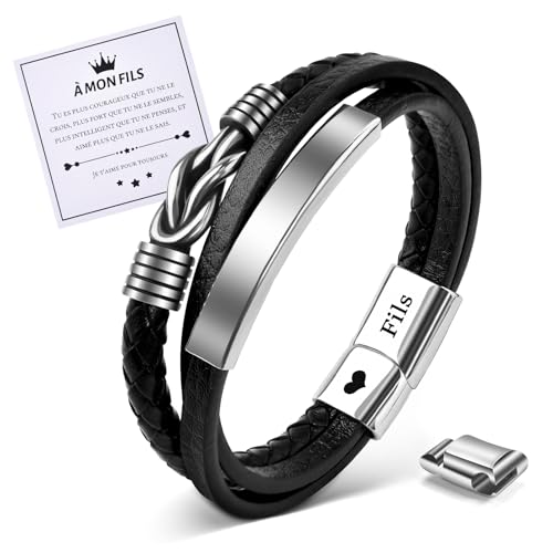 Bracelet pour fils en cuir et acier inoxydable MANVEN cadeau maman