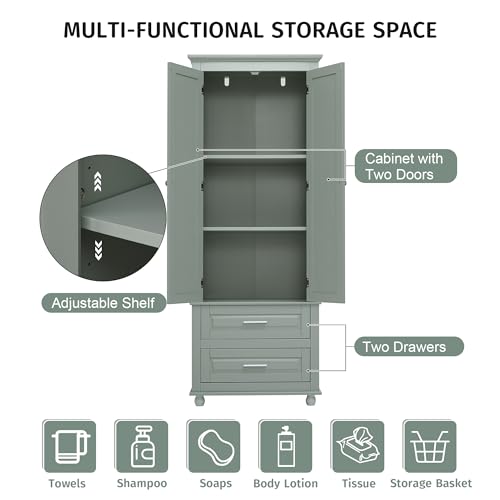 Image of Merax 62.5 inch Pantry Cabinet with Two Doors & Two Drawers, Adjustable Shelves Storage Cupboard for Kitchen /Dining Room /Bathroom, Gray