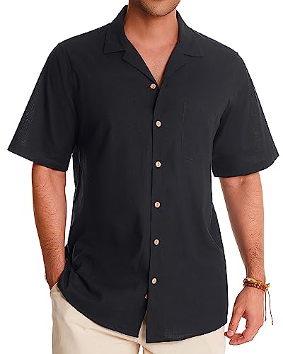 Image of Alimens & Gentle Mens Linen Shirts Cotton Hawaiian Shirts Short Sleeve Button Down Shirts Casual Summer Beach Tops