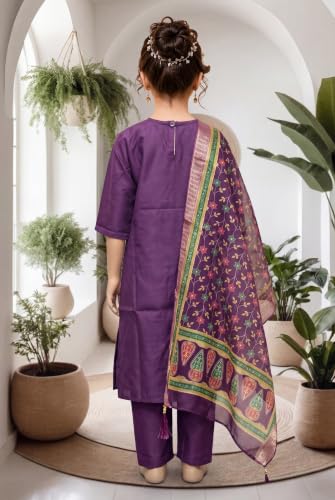 Image of Girls Cotton Blend Embroidered Kurta Pant with Printed Banarasi Style Dupatta Set | Festive Ethnic Wear for Kids | Traditional Suit Set for Girls (4-14Years)