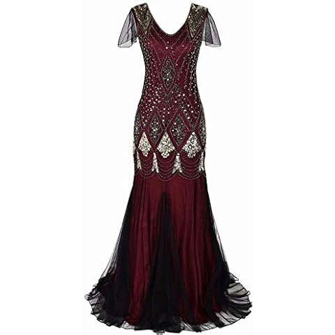 aifuu Women 1920s Gatsby Flapper Dress Long Prom Evening Gowns Beaded Sequin Mermaid Hem Ball Party Costume Plus Size… (L, Red Gold) Cover