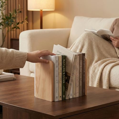 Buchstützen aus Holz, 2 Stück Buchenholz Buchstützen, Anti-Rutsch Bücherstützen, Bücherhalter für Regal, Unterstützung für Regale Buchständer Holz für Schule Zuhause Büro (10.5x12x17cm)