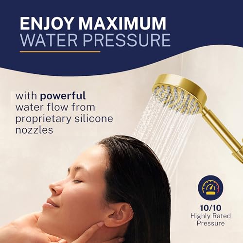 HammerHead Showers® Solid Metal LOW FLOW Handheld Shower Head with Hose and Brass Holder - BRUSHED GOLD – Water Saving 1.75 GPM Detachable Shower Head - Adjustable Shower Wand Bracket & 6ft Hose