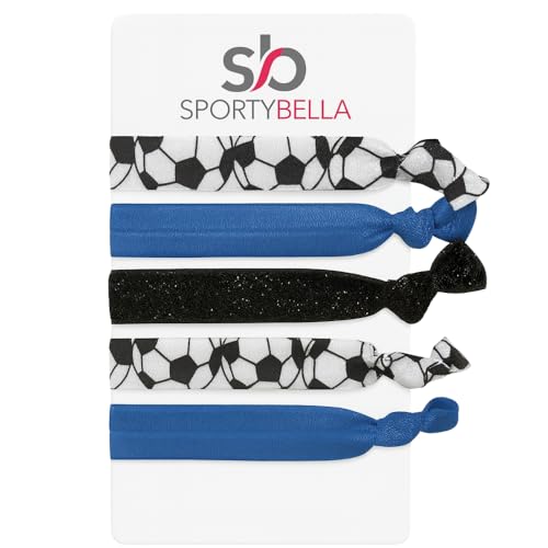 Sportybella Soccer Hair Ties – 5pc Set No Crease Ponytail Holders & Bracelets – Blue, Black & White Soccer Ball Design – Cute Soccer Accessories & Team Gifts for Girls, Teens & Women