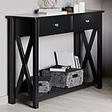 Console Table with Two Drawers – 2-Tier Entryway Table with Storage Shelf and Sturdy X-Braced Legs for Living Room or Hallway by Lavish Home (Black)