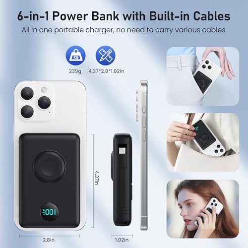 Magnetic Portable Charger for iPhone with Built-in Cables, 6-in-1 10800mAh Power Bank with iWatch Charger & LCD Display,25W Fast Charging Battery Pack for Magsafe,iPhone 17/16/15/14/13/12,Apple Watch
