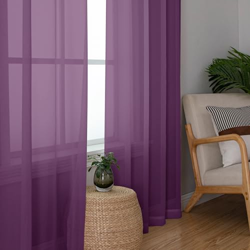 Image of Chyhomenyc Plum Sheer Curtains 63 Inch Length 2 Panels, Rod Pocket Solid Window Sheer Curtain Panels, Elegant Curtains & Drapes for Living Room Bedroom 2 Panels (Plum, 42 W x 63 L)