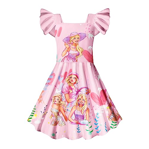 Toddler Girls Dress 2023 Movie Doll Margot Robbie Toys Flutter Sleeves Casual Dress Home Play Wear Birthday Party Gift