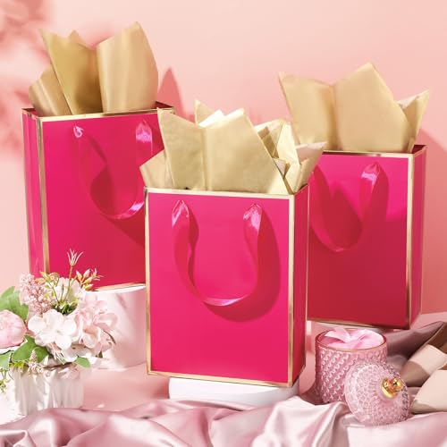 Image of Yeaqee 24 Pack Metallic Paper Gift Bags, Hot Pink, Gold | with Satin Ribbon Handle and Tissue, 9x7x3.1 Inch, Suit Business, Birthday, Christmas, Thank You Return Gifts Bags
