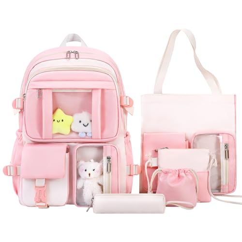 HORHREAR Kawaii Mochila Set 5 en 1 para colegiala Asthetic Mochila Muchos Bolsillos, Rosa., Talla única