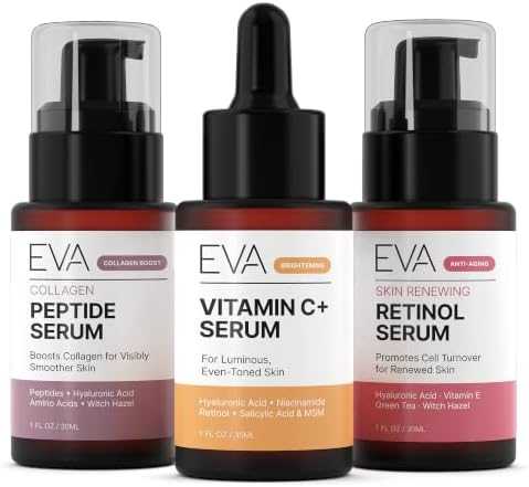 Eva Naturals Trifecta Face Serum Set – Retinol, Vitamin C & Peptides