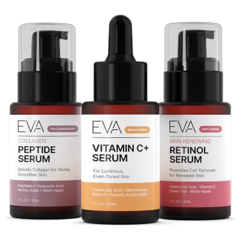 Eva Naturals Trifecta Face Serum Set – Retinol, Vitamin C & Peptides with Hyaluronic Acid & Niacinamide – Anti-Aging Skincare Bundle for Women – Collagen Boosting, Wrinkle & Spot Treatment