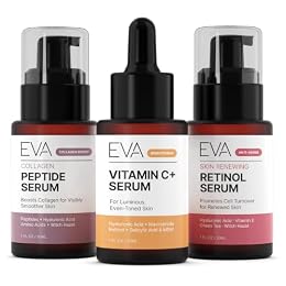 Eva Naturals Trifecta Face Serum Set – Retinol, Vitamin C & Peptides with Hyaluronic Acid & Niacinamide – Anti-Aging Skincare Bundle for Women – Collagen Boosting, Wrinkle & Spot Treatment
