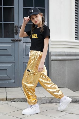 Image of Betusline Girls 2 Piece Summer Outfits,Black Print Cute Short Sleeve Crop Tops + Gold Cargo Jogger Pants Clothes,4-5T = Tag 120