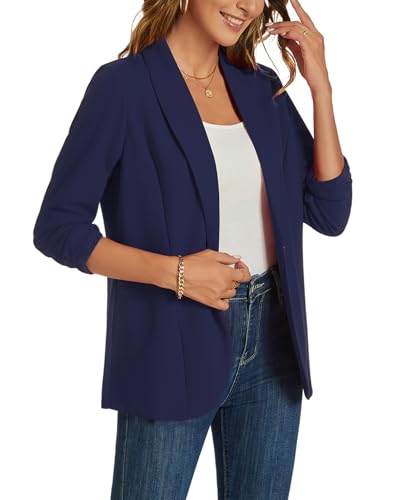 MINTLIMIT Women 3/4 Ruched Sleeve Blazer Open Front Shawl Collar Business Jacket Blazer Lightweight Work Office Jackets Coat, Navy Blue3