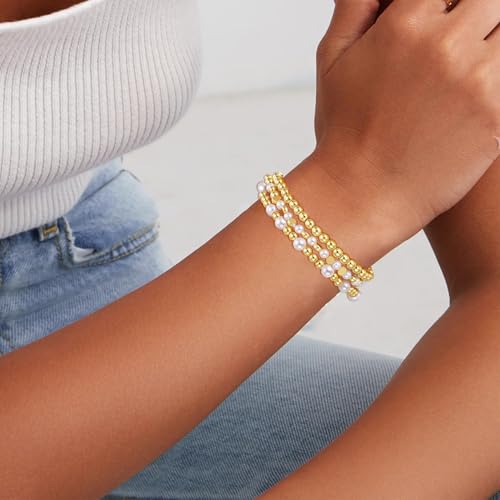 COLOYAN 10PCS Gold Bracelets for Women Stack, Cross Beaded Strand Bead Ball Stackable Gold Bracelet, Pearl Beaded Bracelets Elastic Bracelet Set4