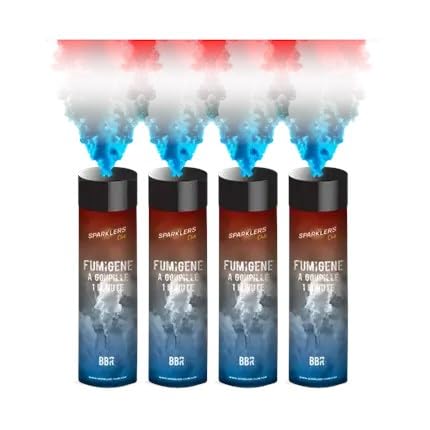 Lot de 4 Fumigènes a Main 1 MINUTE BLEU/BLANC/ROUGE - Déclenchement à Goupille, durée 60 secondes, fumigene FRANCE ALLEZ LES BLEUS - fumigene a main PLANETE FUMIGENE®