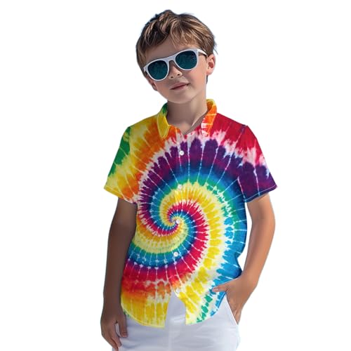 Image of Kids Tie-dye Hawaiian Shirt 80s Button Down Retro Short Sleeve Casual Beach Tropical Funny Party Outfits for Boys