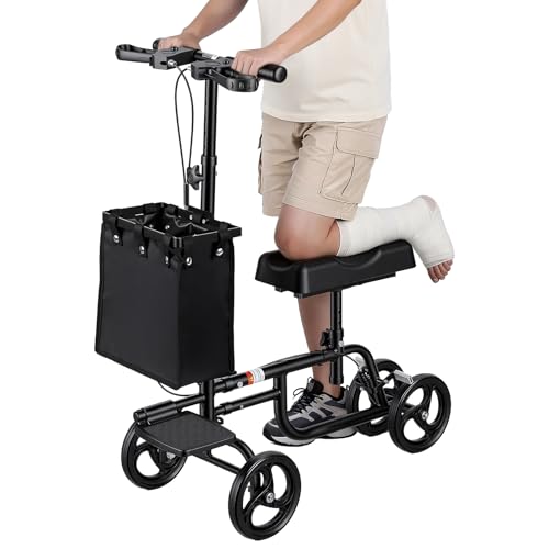 Knie Roller Gehhilfe Knie Scooter mit Handbremsen und Abnehmbarer Tasche Knie Walker Faltbar Höhenverstellbar für Fuß Knöchel Verletzung Rehabilitation für Erwachsene (Schwarz)