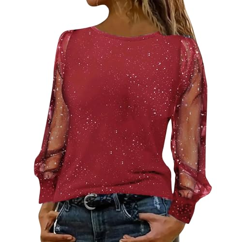 Pailletten Oberteil Damen Glitzer Shirt Festliche Blusen Elegant Sexy Silvester Outfit Casual mit Oberteile Herbst Winter Große Größen Langarm...