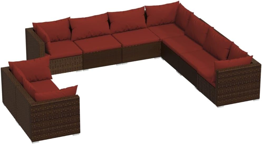 vidaXL Patio Lounge Set 9 Piece, Patio Furniture Set for Outdoor Garden, Sectional Sofa with Cushions, Corner Sofa, Brown Poly Rattan