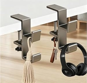 テーブルフック カバンかけ ダブルフック ねじ固定式 調節可能 バッグハンガー アルミ合金製 耐荷重10KG 机下/戸棚下/デスクサイドに取り付け バッグ掛け/ヘッドホン掛け (スチールグレー 2個セット)