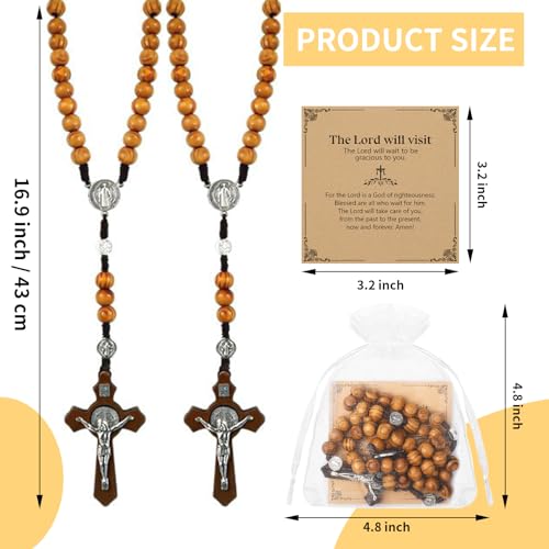 Wooden Rosary Necklace, Handmade Rosary Beads Necklace, Prayer Holy Soil Medal and Metal Cross For Catholic Or Christian Gift, Pouch Baptism Favors Gift2