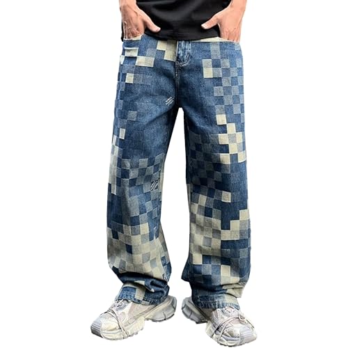 Mens Straight Leg Jeans Loose Fit Jeans for Men Slim Fit Jean for Men Mens Check Mosaic Jacquard Weave Pants