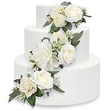Picture of Rinlong 3Pcs Pre-made Cake Flowers Toppers White Green Cake Decorations Wedding Cake Decorating Flowers Decor Birthday Baptism Party Cake Topper
