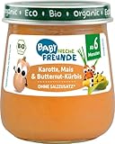 BABY FRECHE FREUNDE Bio Gläschen Karotte, Mais & Butternut-Kürbis, Bio-Gemüsepüree mit Olivenöl für Babys ab 6 Monaten, ohne Zucker- und Salzzusatz, vegan, 6er Pack (6x120g)