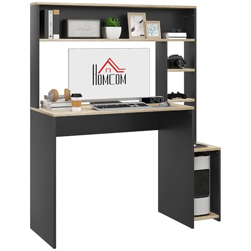 HOMCOM Bureau avec Rangement, Table d'ordinateur avec étagères et Support pour unité Centrale, 114 x 45 x 138 cm Gris et Effet Bois Naturel