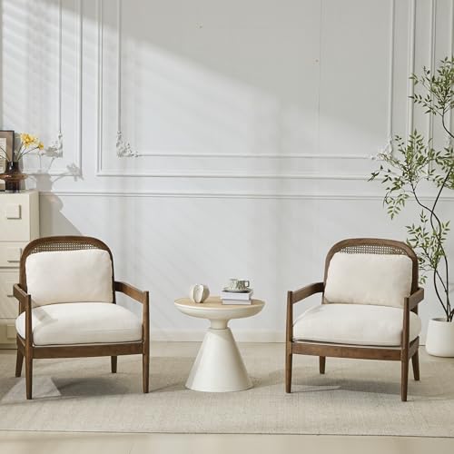 Sillón moderno de madera beige con respaldo de ratán miniatura 3