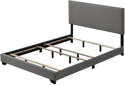 Acme Leandros - Cama Queen tapizada de tela con ribete de clavos en gris claro