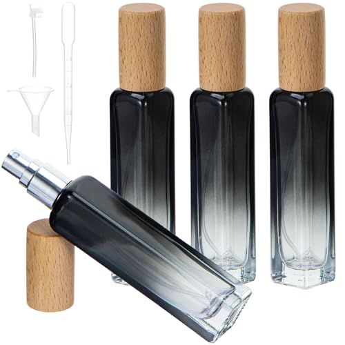 Juego de 4 botellas de perfume recargables de viaje de 15 ml, mini botellas de perfume de vidrio vacías, atomizador de colonia portátil, tamaño de viaje, kit de botellas de repuesto con tapa de madera