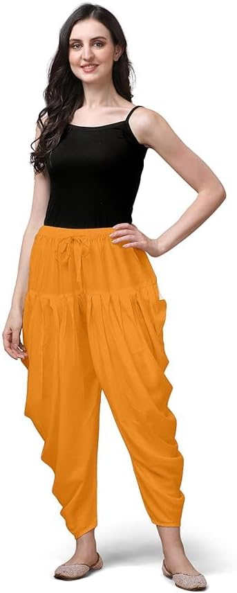 Women's Loose Fit Rayon Dhoti Pant, Patiala Salwar Harem Pants, Black, Free Size Waist 26-38 Inch
