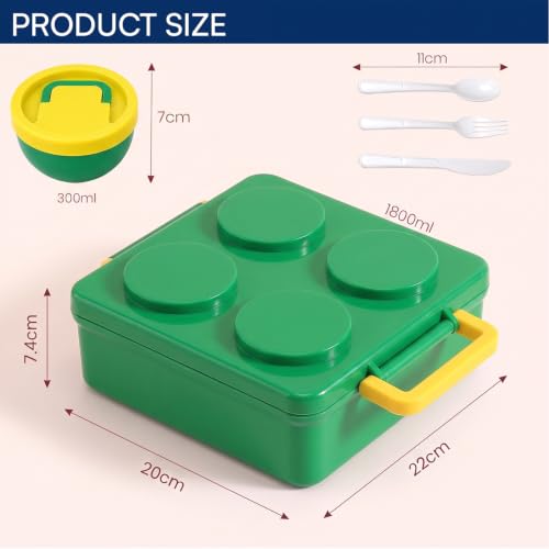 Image of House of Quirk 'NomNom' 1800ml Building Block Bento Lunch Box with 300ml Bowl, Microwave Safe, 3 Compartments, Spoon, Fork & Knife for School, Office & Picnic (Green)