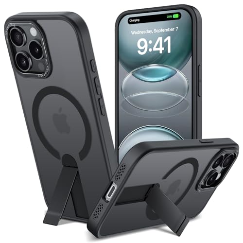 Cover Magnetica per iPhone 15 Pro Max con Cavalletto Compatibile con MagSafe Custodia con Supporto, Protezione Antiurto di Livello Militare Cellulare Case Traslucido Opaco Retro, Nero