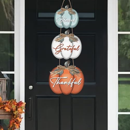 3 Pieces Fall Door Sign Pumpkin Decor Grateful Thankful Blessed Wall Signs,Rustic Hanging Welcome Door Sign for Autumn Harvest Thanksgiving Halloween Door Wall Decoration Indoor Outdoor Fall Decor for Home