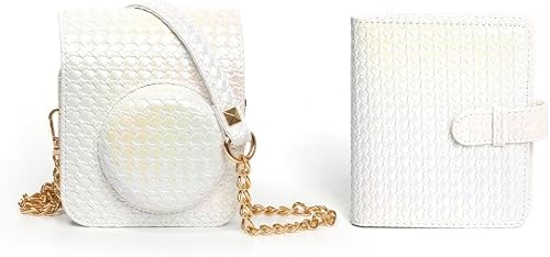 For FUJIFILM instax mini 12 Colorful Woven Leather Case Full Body Camera Bag + Photo Album with Strap (White)