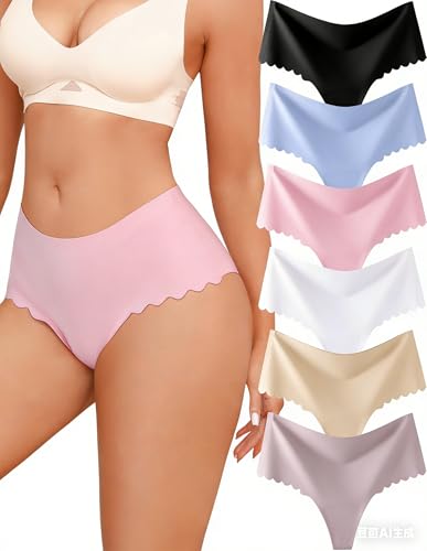 Image of ALL OF SHE Thongs for Womens High Waisted Seamless Underwear for Women 6 Pack Wave Edge No Show Sexy Panties