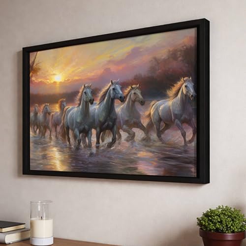 Image of 7 Running Horses Vastu Framed Wall Art Painting for Living Room |Seven Running Horses Painting With Frame Symbol of Success & Positive Energy Wall Art For Home and Office 17x23 Inch