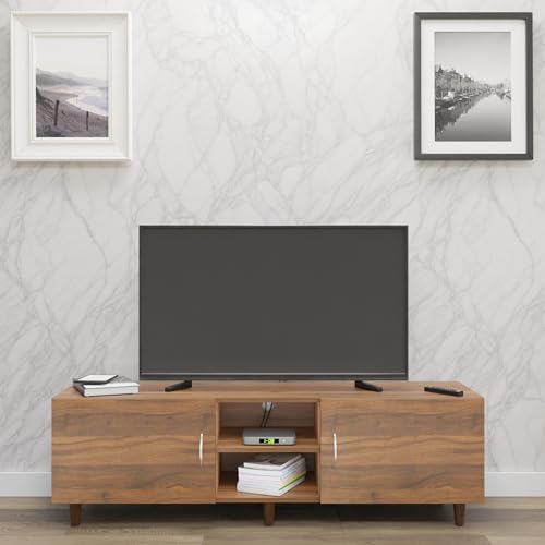 Image of VIKI Modern TV Unit for Living Room | Engineered Wood TV Cabinet with 2 Door Storage & Open Shelf, Set Top Box Stand, Entertainment Unit, 160W x 48H x 40D cm | DIY | 1 Year Warranty (Walnut)